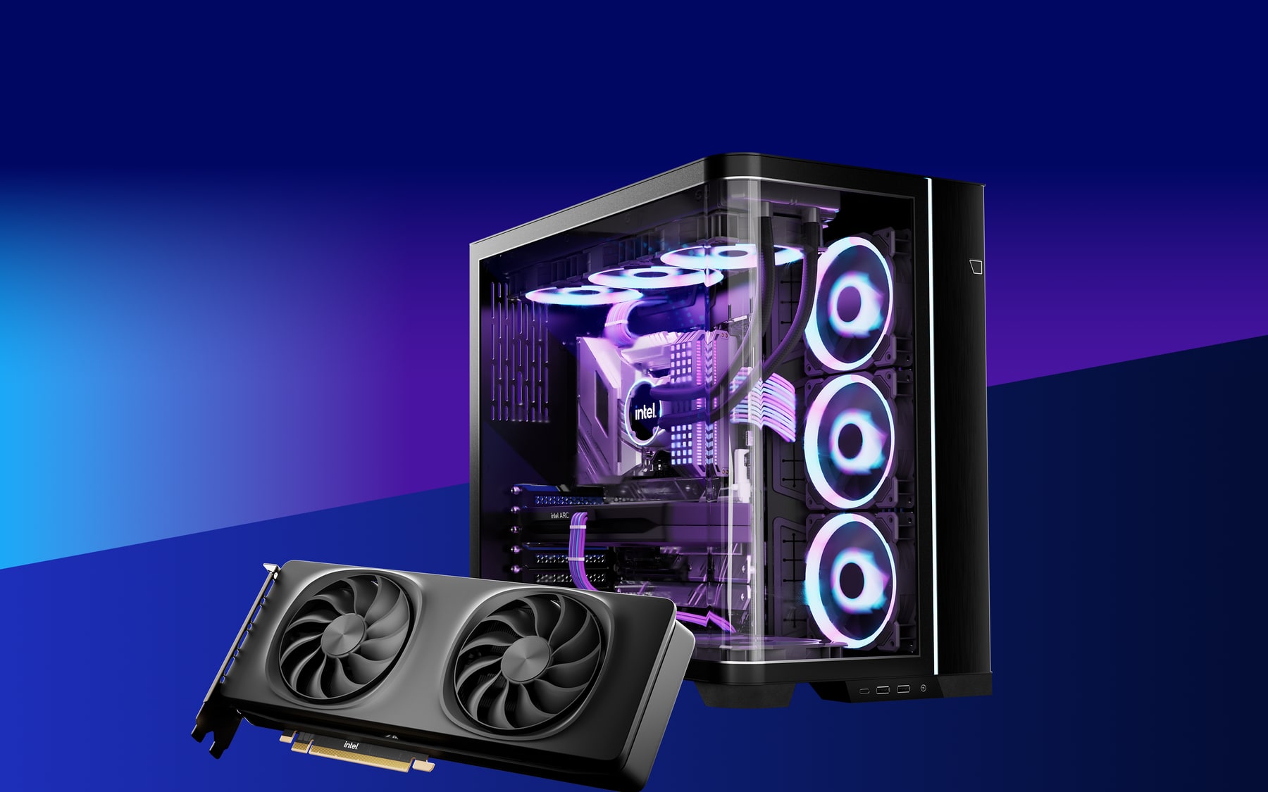 Official Intel Arc graphics image showing GPU and gaming system.