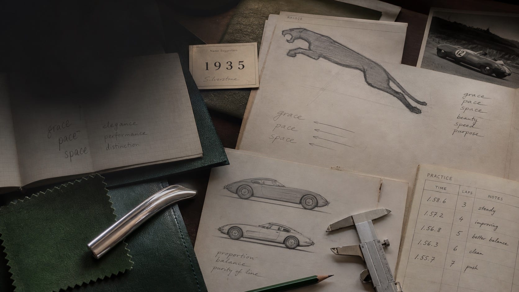 Premium editorial still-life of a Jaguar leaper case with generic leaping big-cat study, 1935 name card, Grace Pace Space notes, sports car silhouette sketches, racing timing sheet, chrome trim sample, green leather swatch, and design calipers
