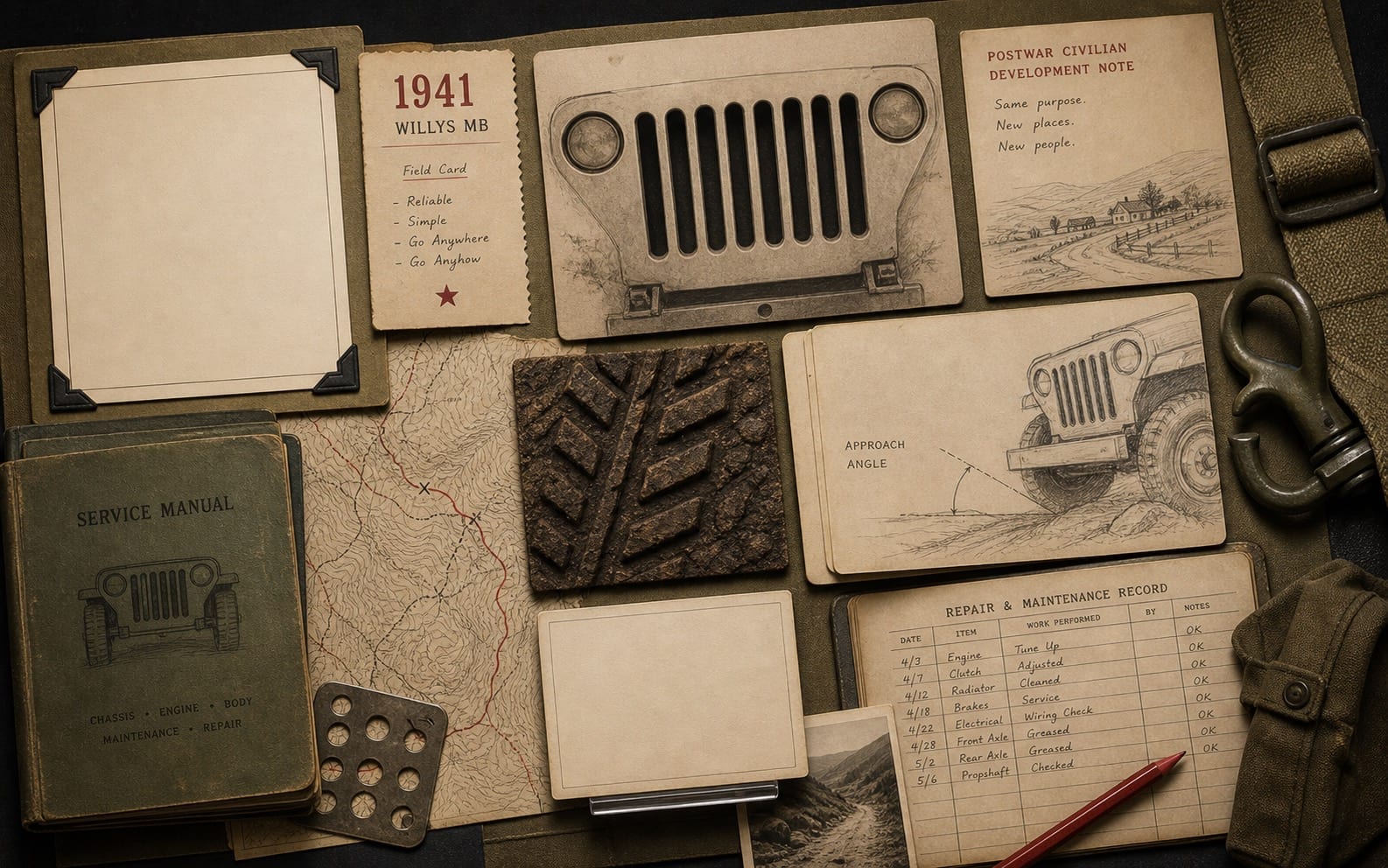 Premium editorial still-life of a Jeep seven-slot grille capability case with generic grille study, 1941 Willys MB field card, service manual, trail map, tire tread sample, tow hook, repair ledger, and approach-angle sketch