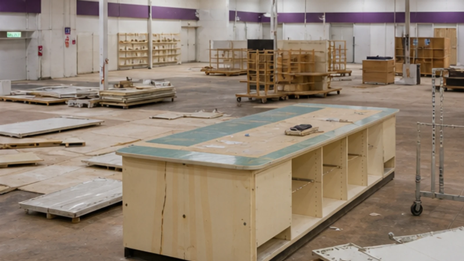 An emptied craft superstore with cutting tables and fixtures being removed.