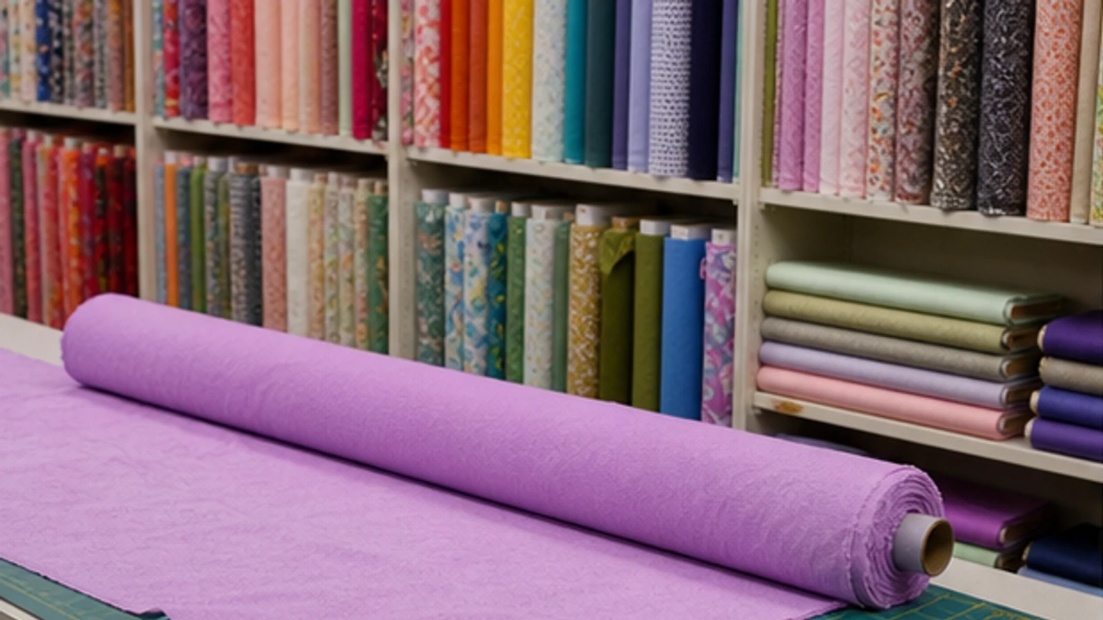 A fabric cutting counter surrounded by colorful bolts of fabric.