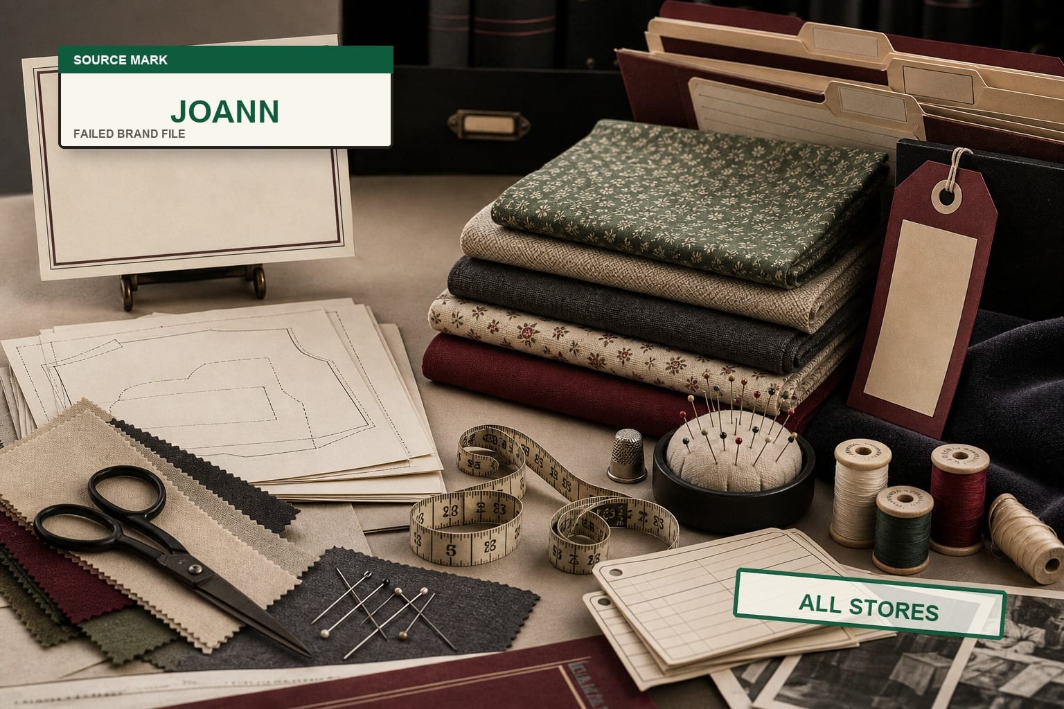 Premium editorial still-life of a JOANN failed-brand case with folded fabric, thread spools, pattern sheet, supply-disruption card, store-closing tag, and bankruptcy ledger