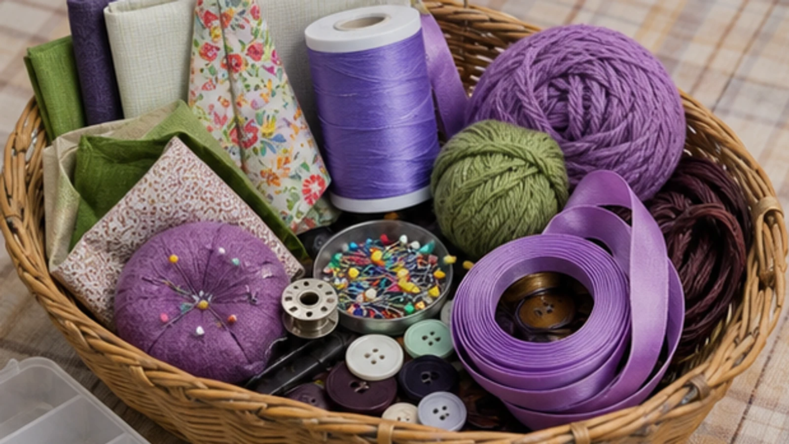 A coordinated craft basket with fabric, thread, yarn, ribbon, buttons, and notions.