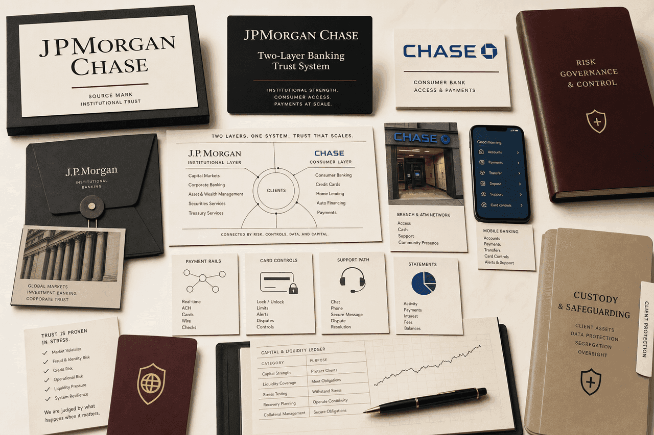 Premium editorial still-life of a JPMorgan Chase banking trust case with JPMorgan Chase source-mark card, Chase card cue, consumer banking lane, institutional banking lane, payment rail ledger, card controls, custody folder, support path, and risk governance book