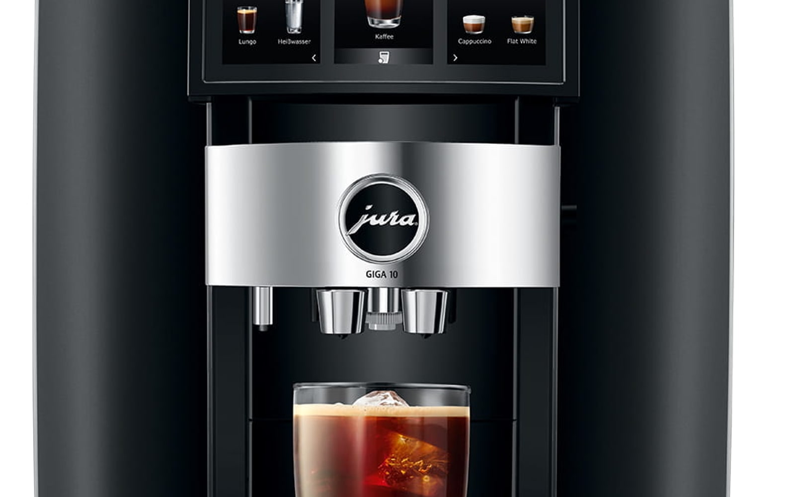 JURA GIGA 10 automatic coffee machine preparing a drink with machine controls and cup visible.