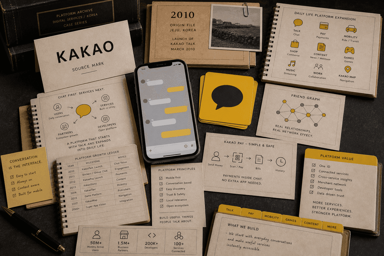 Premium editorial still-life of a Kakao chat platform case with source-mark card, yellow chat tiles, character-free sticker blocks, payment token, taxi route card, content card, and commerce receipt