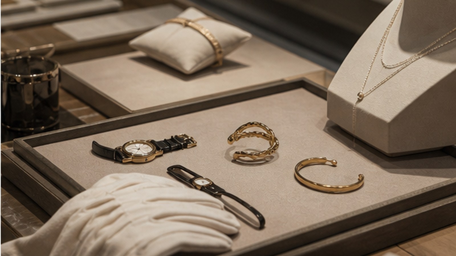 Jewelry and watch pieces being prepared in a controlled display setting.