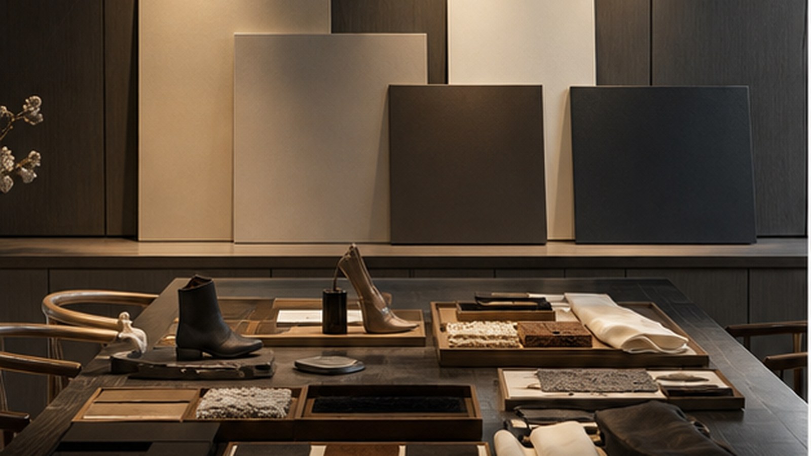 Distinct groups of leather, textile, and metal samples arranged on a worktable.