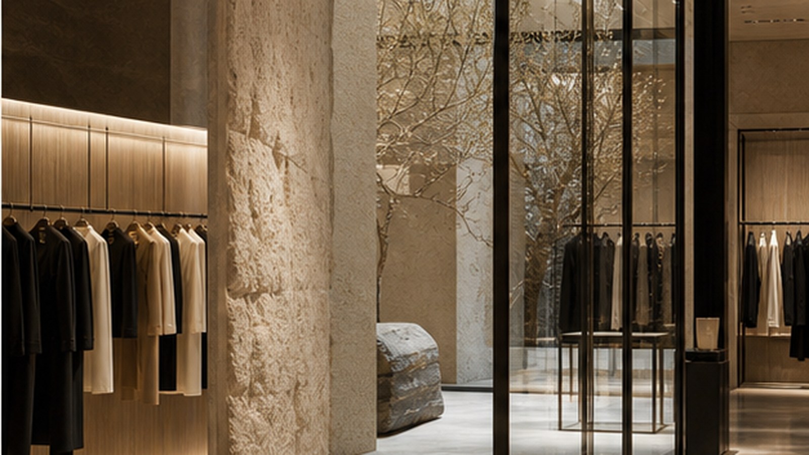 A carefully lit luxury retail interior with restrained material finishes.