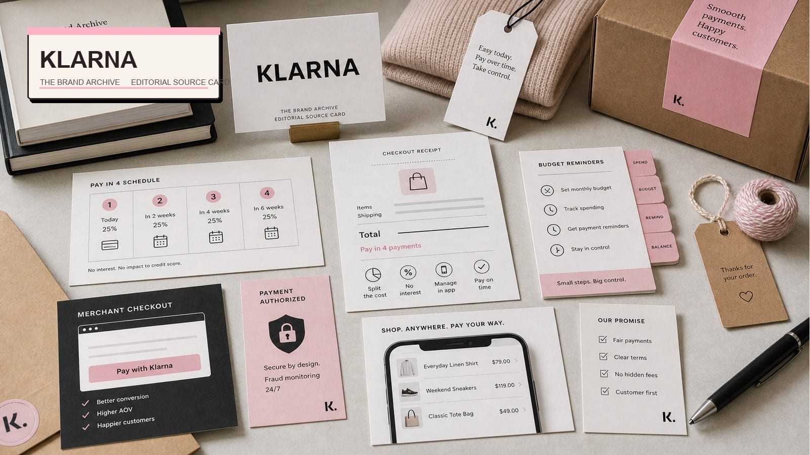 Premium editorial still-life of a Klarna checkout BNPL trust case with Klarna source-mark card, abstract checkout receipt, payment schedule cards, merchant checkout mock card, shopping app card, lock card, reminder tabs, pink payment token, and parcel materials