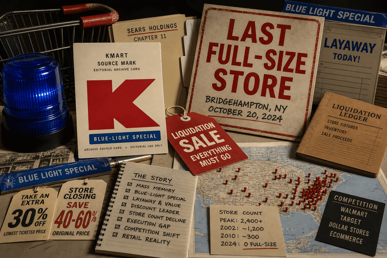 Premium editorial still-life of a Kmart failed-brand case with blue-light beacon, red K source card, layaway tag, liquidation sale tag, store-count map, Chapter 11 folder, and discount retail competition card