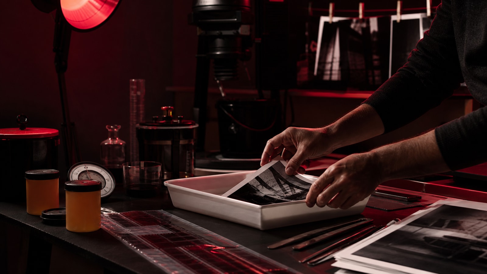 Analog darkroom with enlarger, film strips, trays, and red safe light.