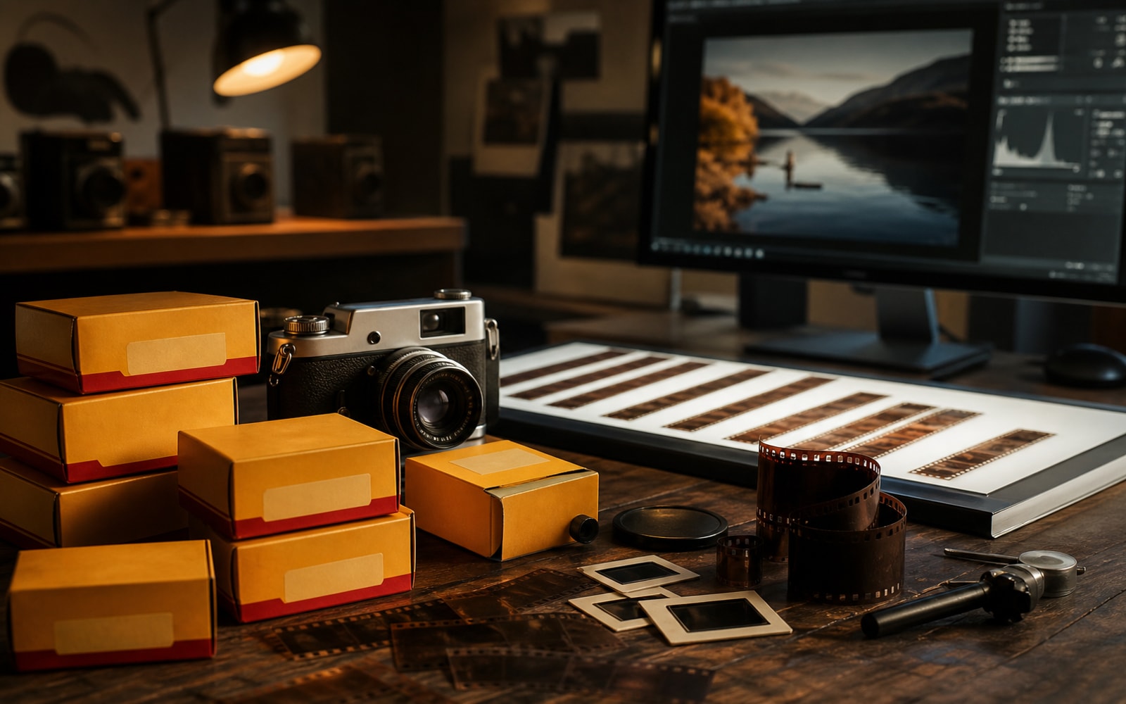 Editorial photography workbench showing film, a digital camera, contact sheets, and warm Kodak yellow and red light.