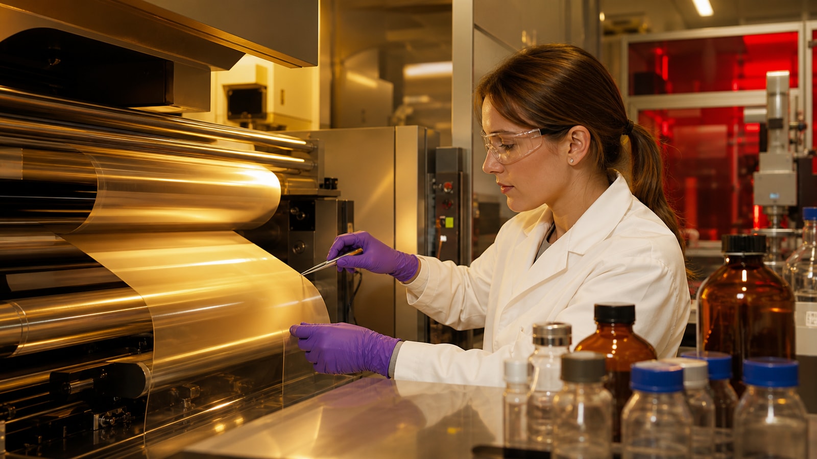 Advanced materials and coating laboratory with film webs and quality-control instruments.