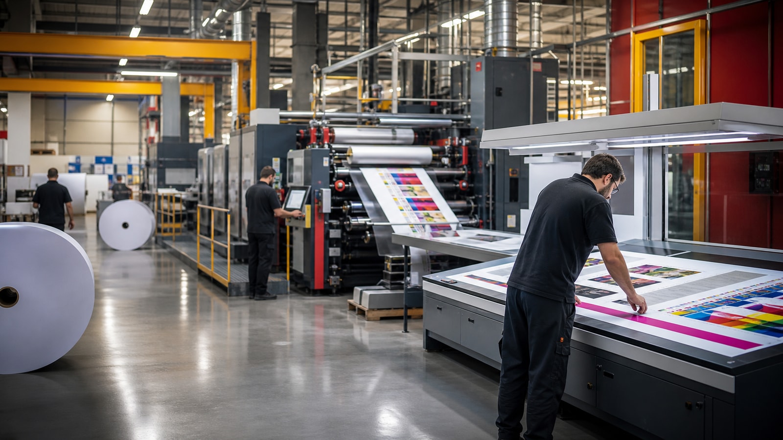 Modern commercial printing floor with large production presses and stacked paper.