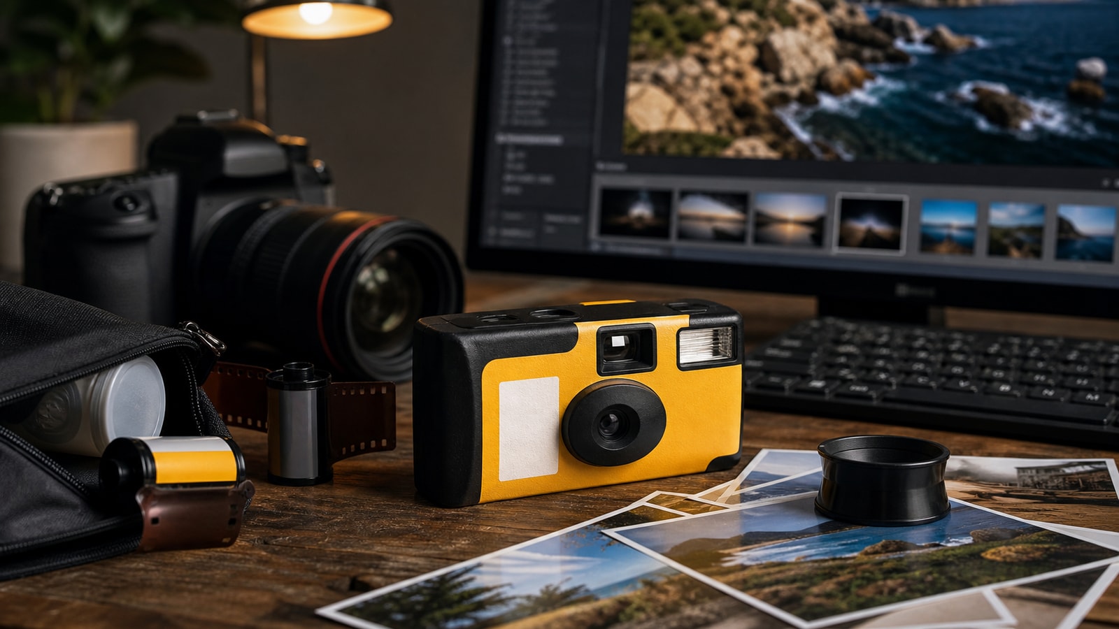 Imaging workflow desk with professional camera, film, negatives, color charts, and print proofs.