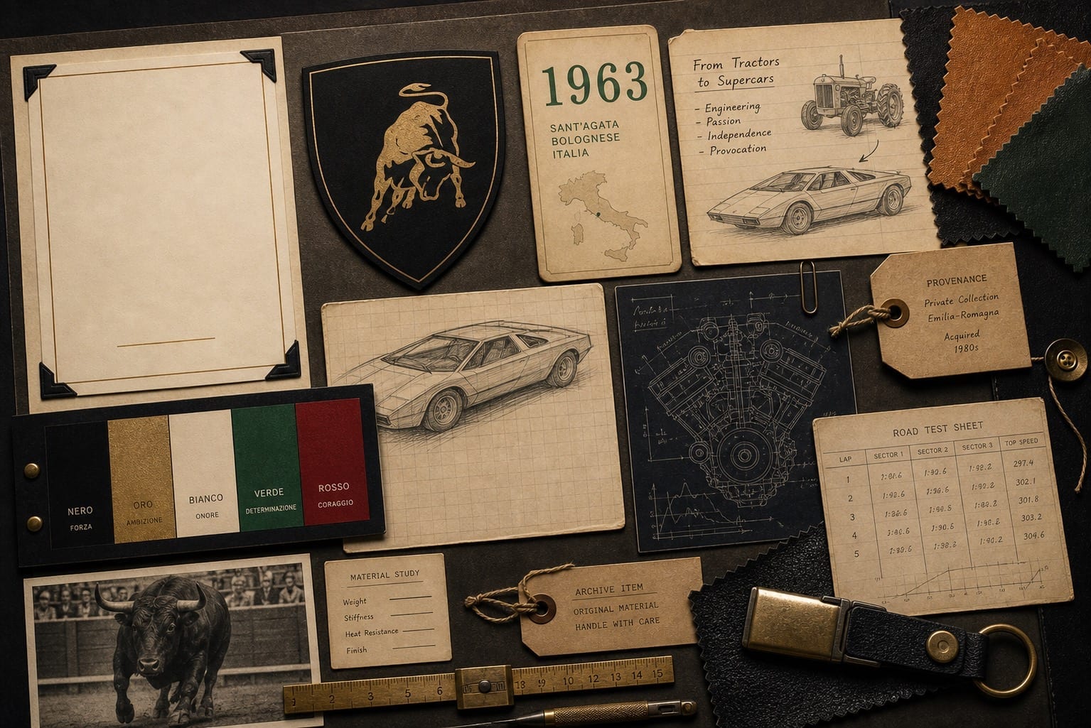 Premium editorial still-life of a Lamborghini raging-bull supercar case with bull shield study, 1963 Sant'Agata card, tractor-to-supercar note, angular car body study, engine blueprint, leather swatches, and road-test sheet