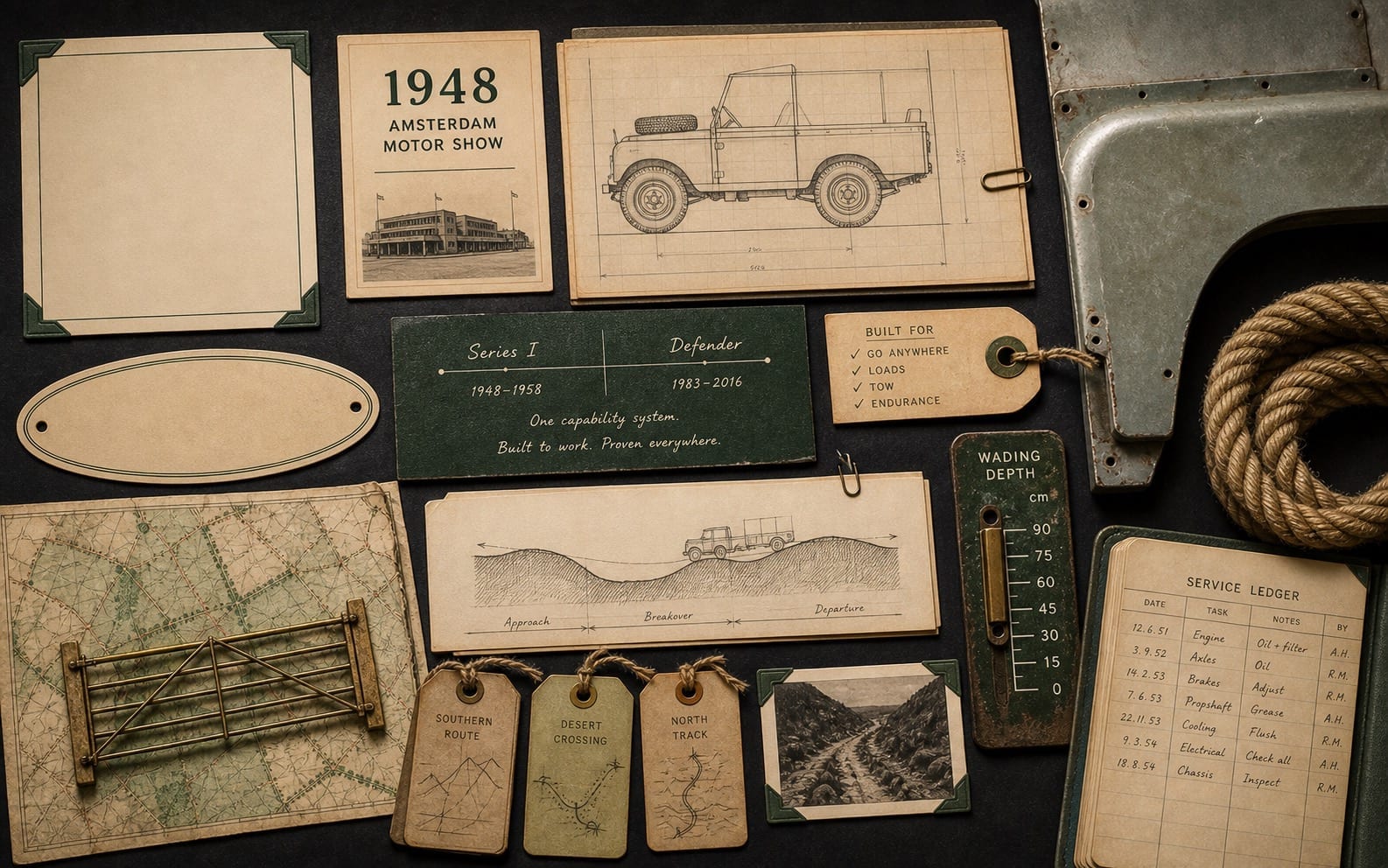 Premium editorial still-life of a Land Rover Defender capability-continuity case with 1948 Amsterdam Motor Show card, Series I blueprint study, Defender continuity note, aluminum panel, wading-depth gauge, route tags, tow rope, and service ledger