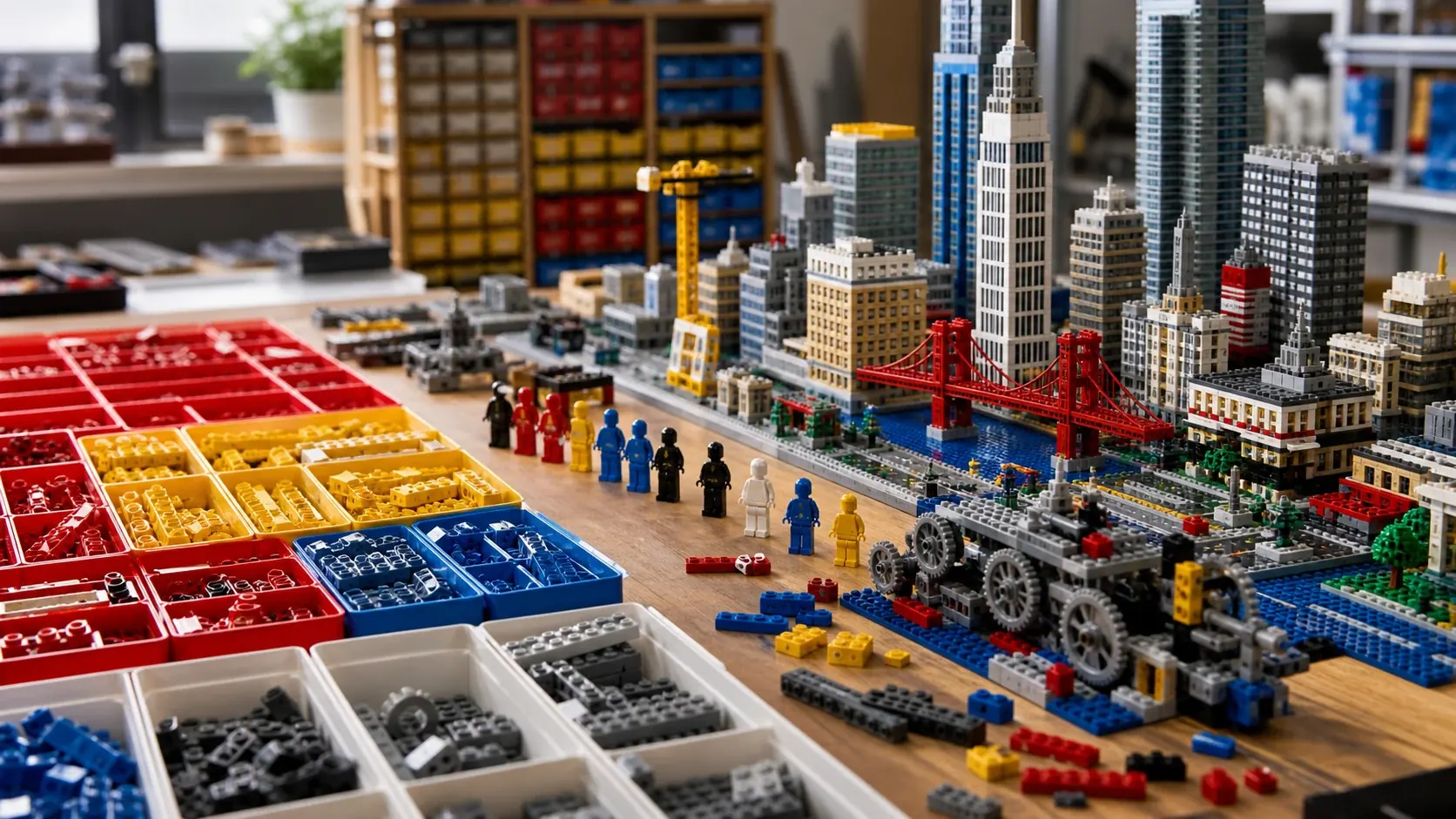 Interlocking brick build table with models and gear details, no logos