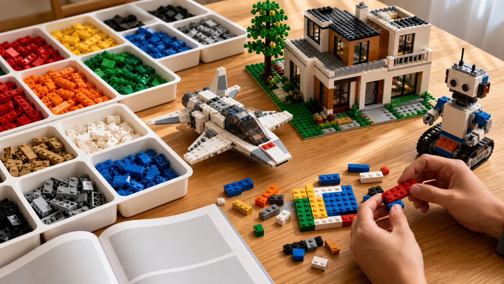 LEGO-style brick system scene with sorted colorful bricks, modular house, small space vehicle, and no logos or lettering.