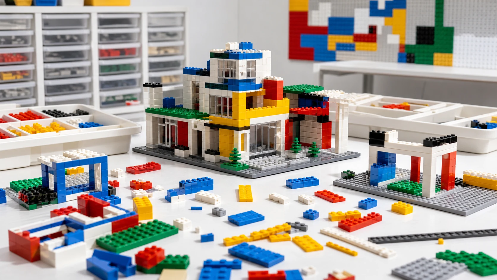 LEGO-style interlocking brick build table with colorful modular pieces, sorting trays, and an architectural model, no logo text.