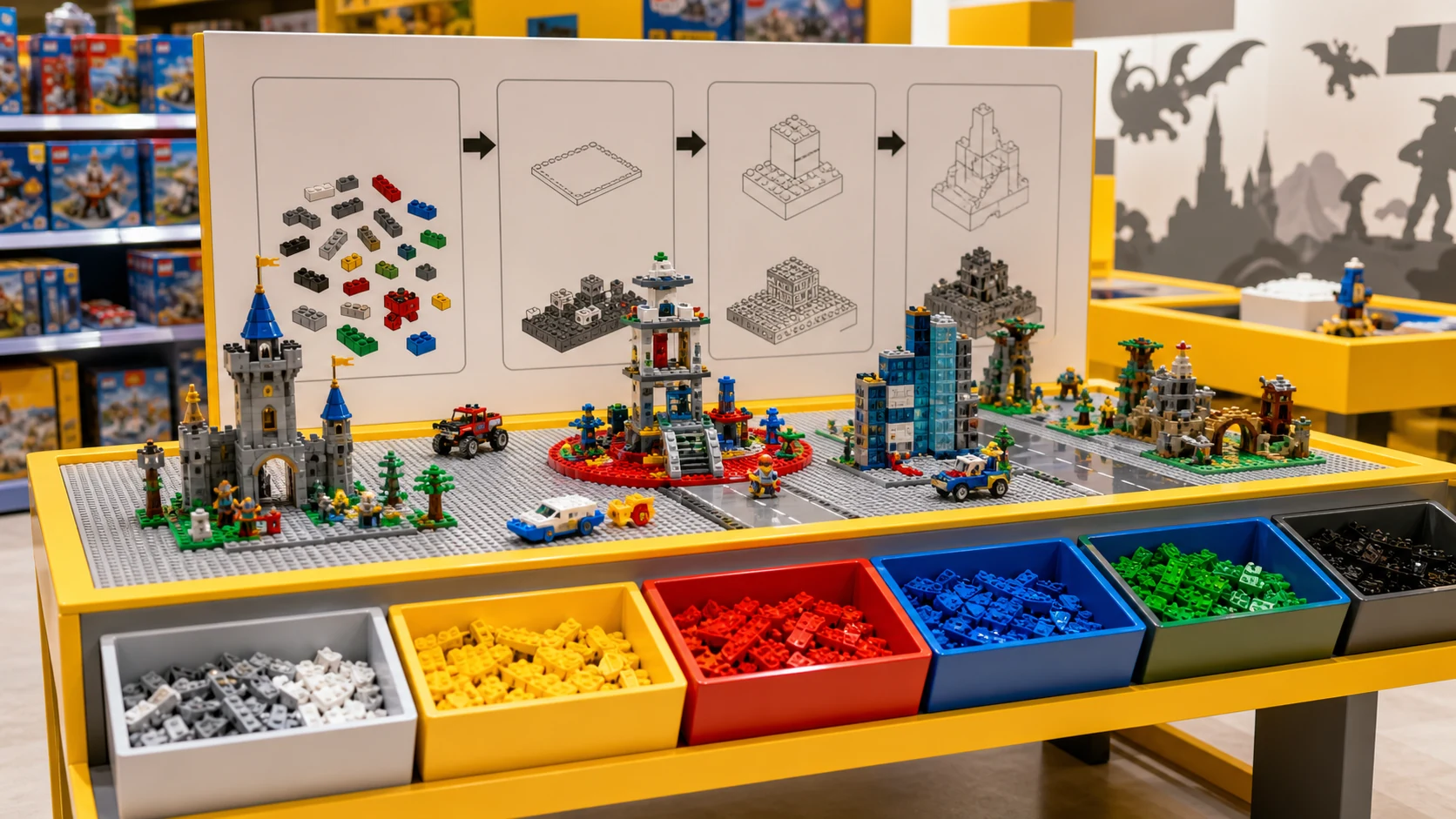 Brick store play table with modular builds and color bins, no logos