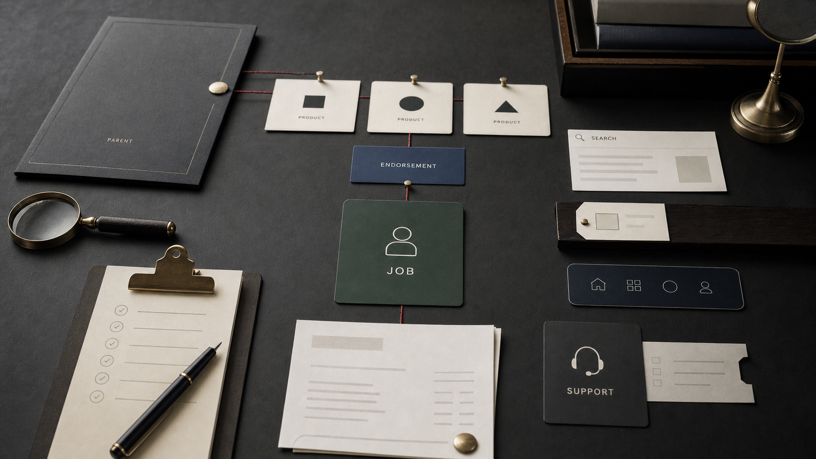 Premium editorial archive-table visual for brand architecture with parent folder, product cards, endorsement bridge, customer job card, search card, navigation tile, support ticket, invoice slip, checklist, pins, and red thread