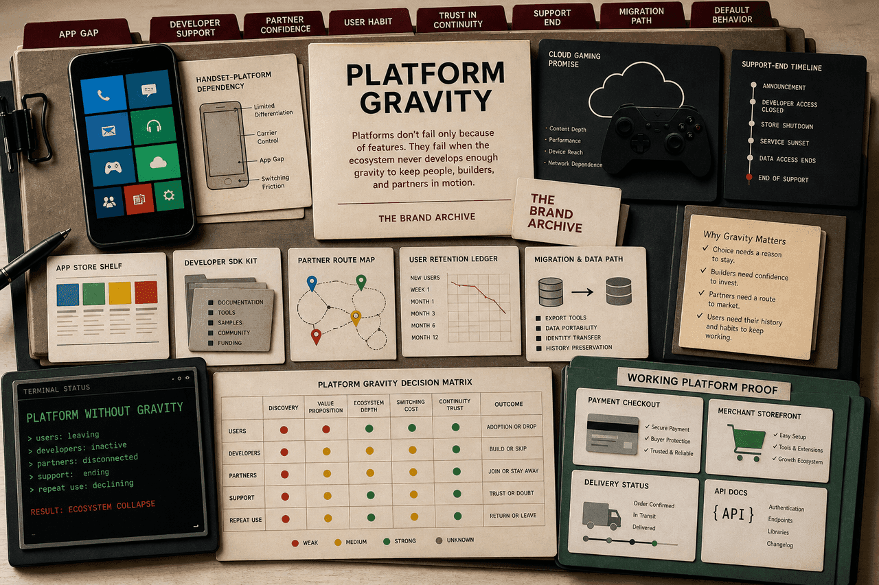 Premium editorial archive-table visual for platform brand ecosystem gravity with smartphone tile interface, cloud-gaming controller, app shelf, developer SDK folder, partner route map, retention ledger, support-end timeline, migration path, and working platform proof cards