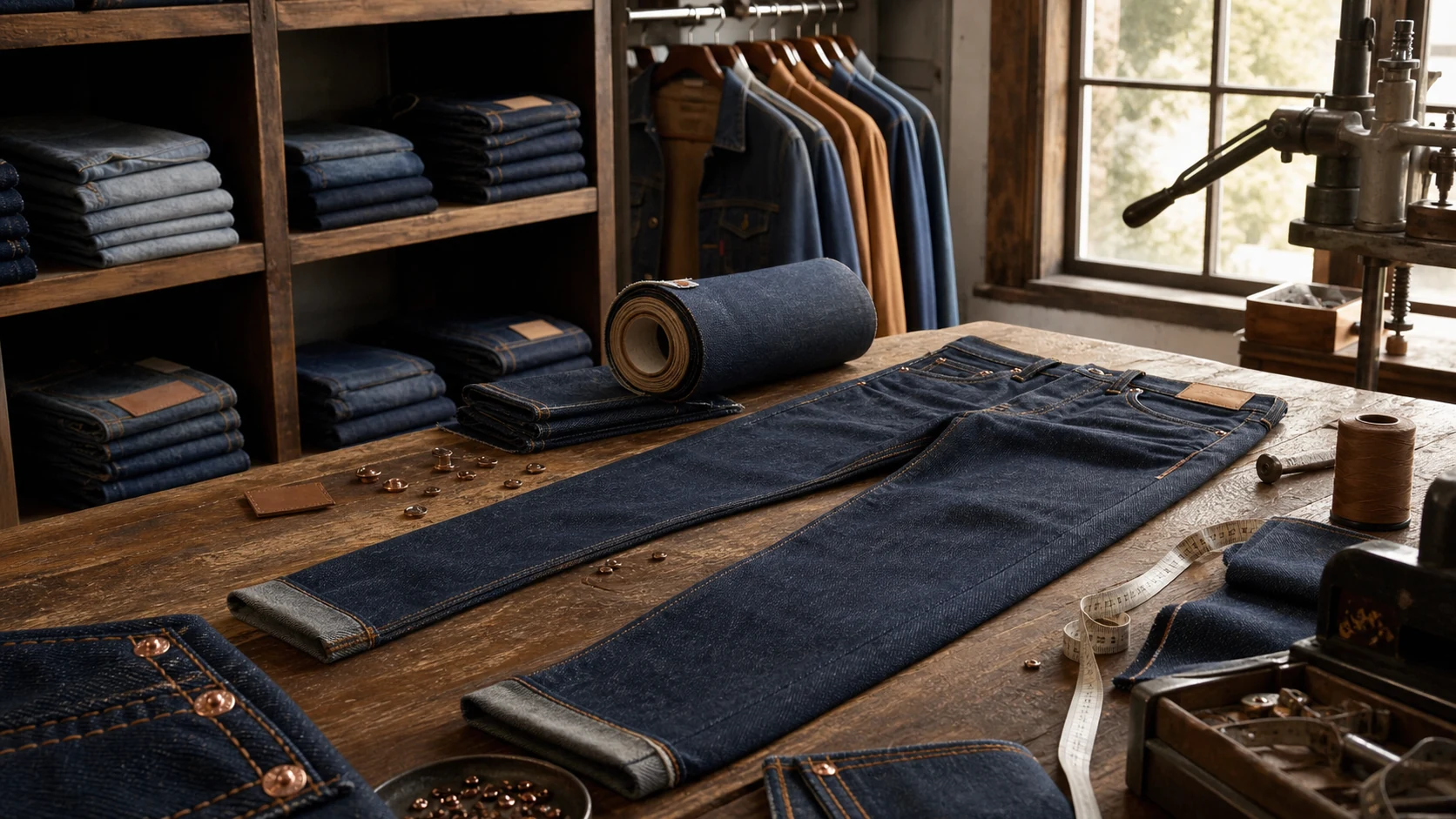 Denim workshop scene with folded jeans, copper rivets, stitching, and a blank leather patch.