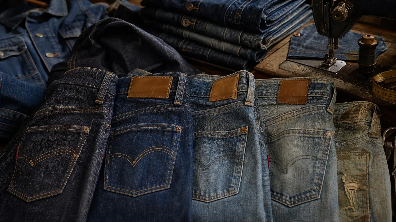 Levi’s-style denim brand scene with faded jeans, rivets, blank patches, red tab cue without lettering, and no logos.