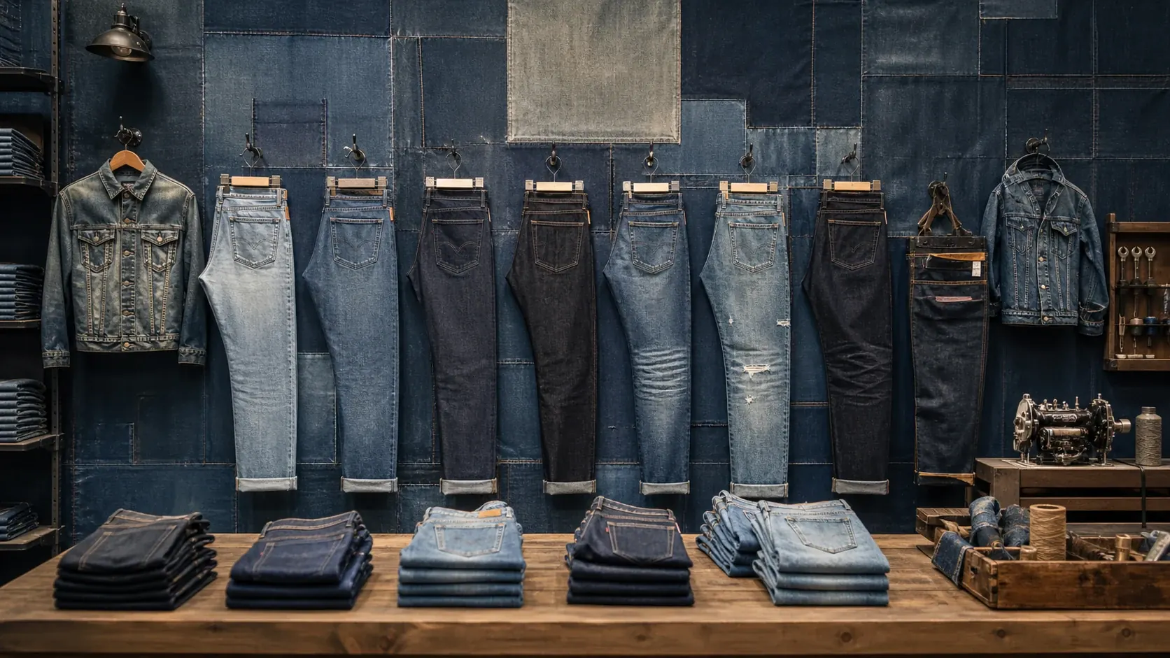 Denim retail wall and fitting table with repair cues, no logos