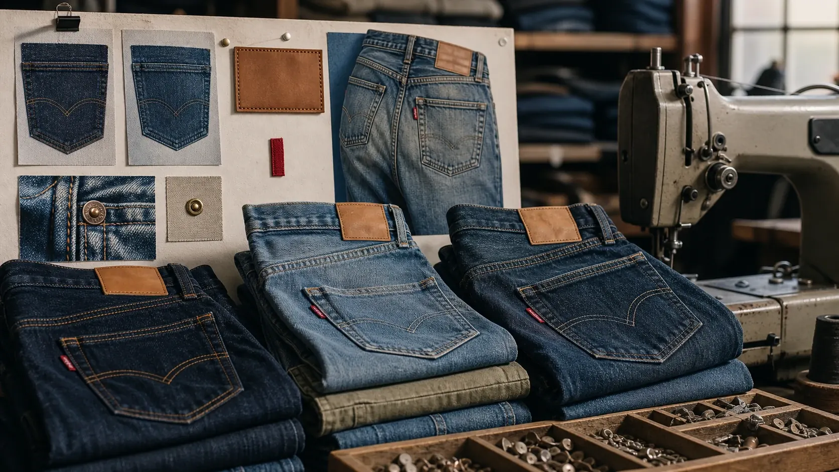 Levi’s denim workshop scene with jeans, rivets, patches, stitching, and retail craft cues.
