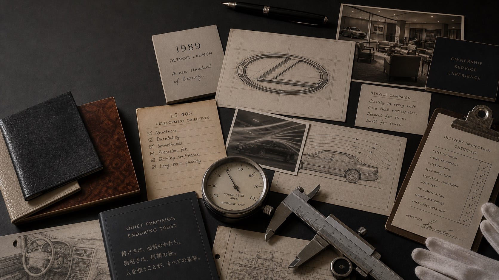 Premium editorial still-life of a Lexus LS 400 quiet-luxury case with oval wordmark study, 1989 Detroit launch card, LS 400 development notes, quietness meter, service campaign card, leather and wood samples, precision calipers, airflow sketch, and inspection checklist