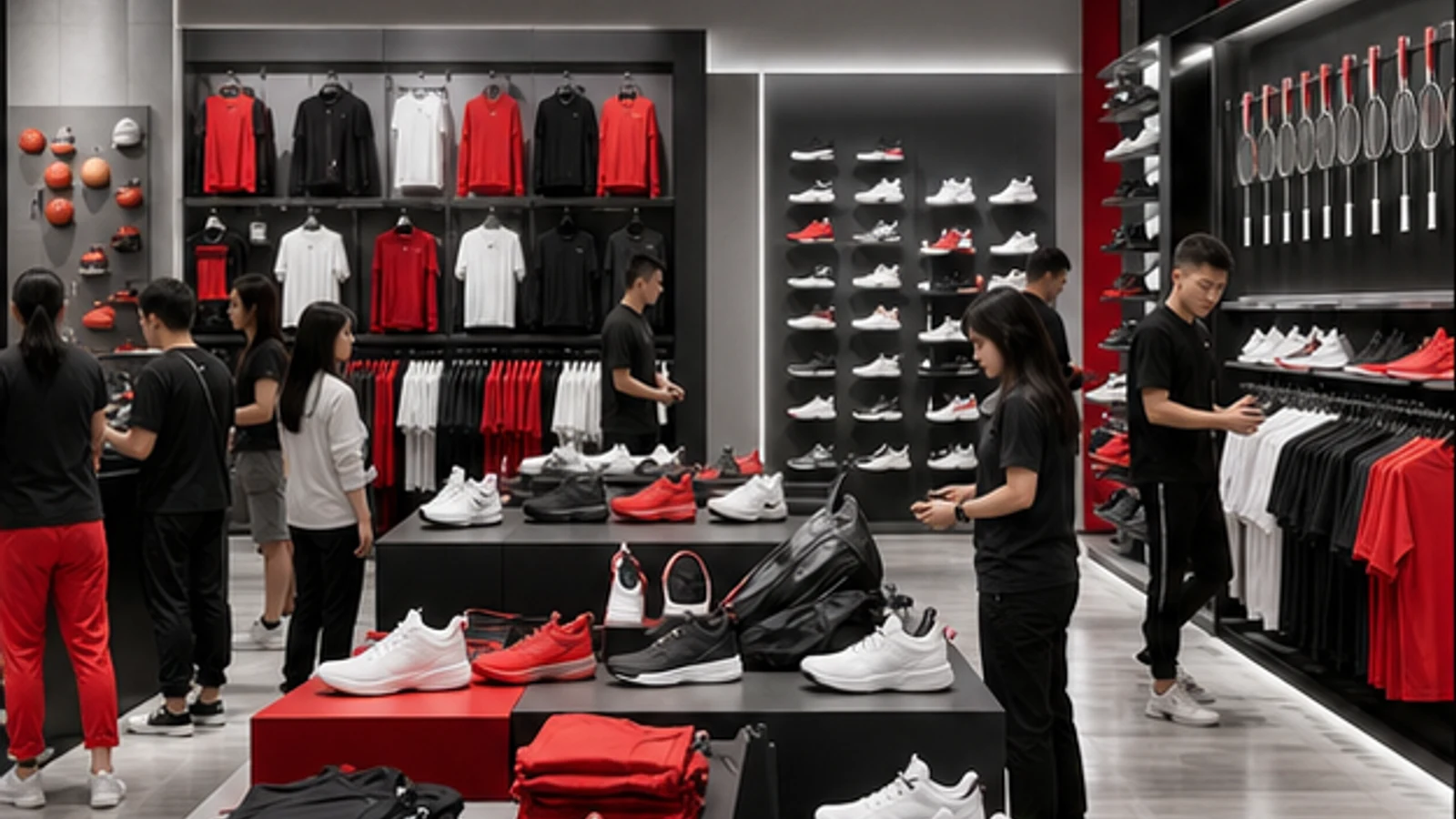 Modern sportswear retail interior with plain shoes and apparel and no visible logos.