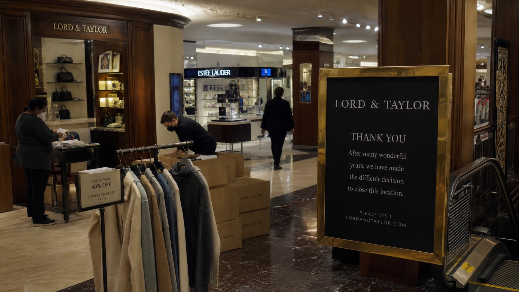 Lord & Taylor store closeout with heritage-style script signage, boxed apparel, and liquidation operations.