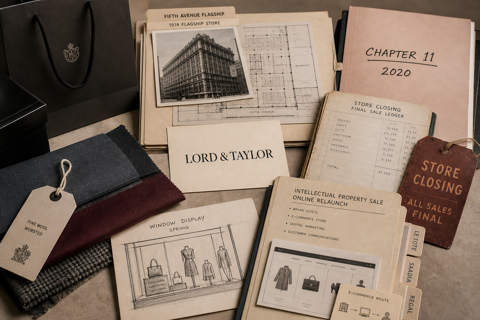 Premium editorial still-life of a Lord and Taylor failed department-store case with source-mark card, Fifth Avenue flagship file, Chapter 11 folder, store-closing tag, final sale ledger, and online relaunch folder