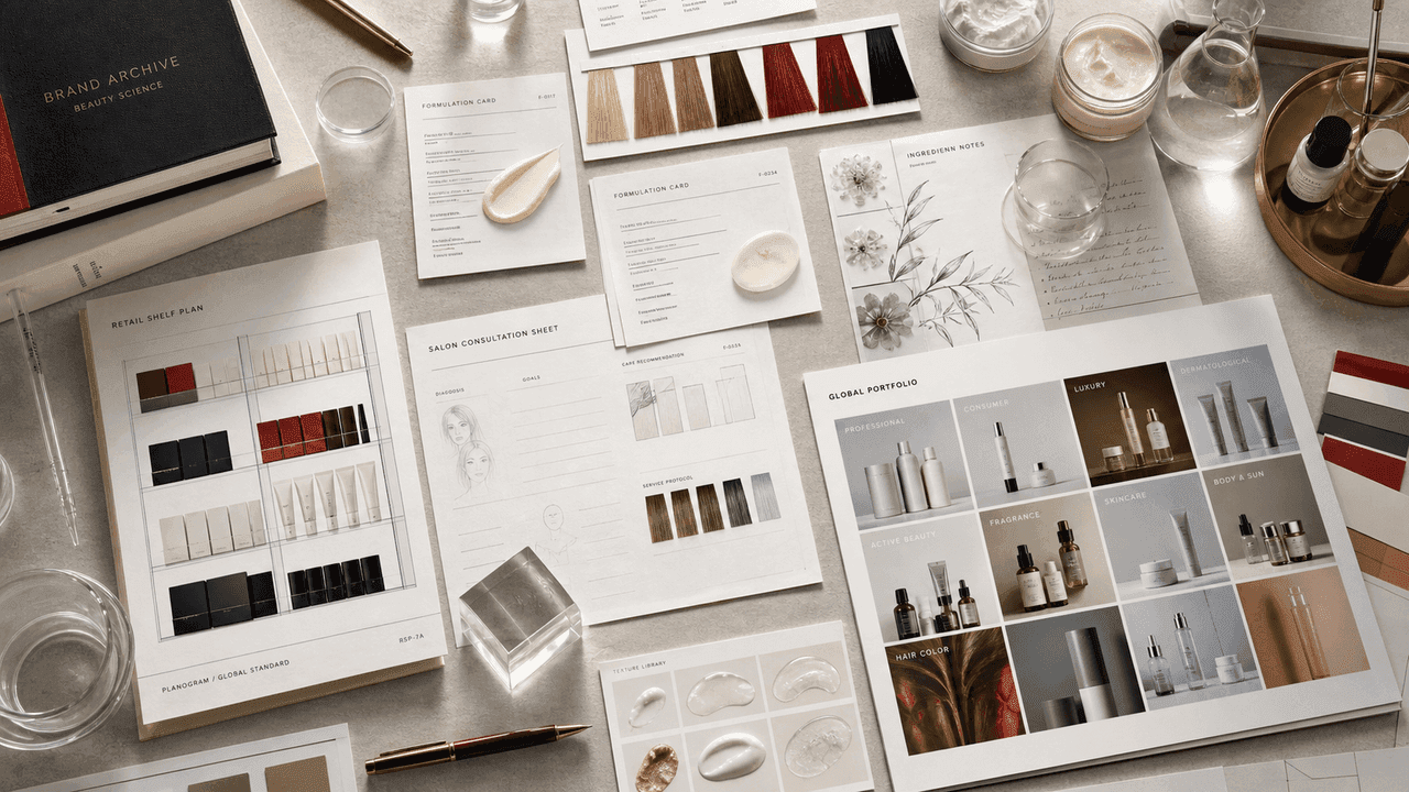 Premium editorial still-life of a L'Oreal beauty-science case with formulation cards, hair color swatches, skincare jars, ingredient notes, retail shelf plan, salon consultation sheets, and portfolio tiles