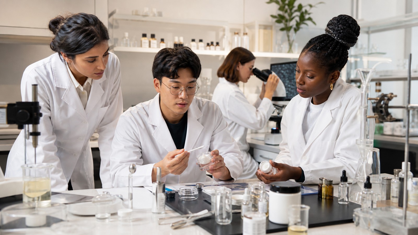 Formulation and creative lab scene showing beauty product development work.