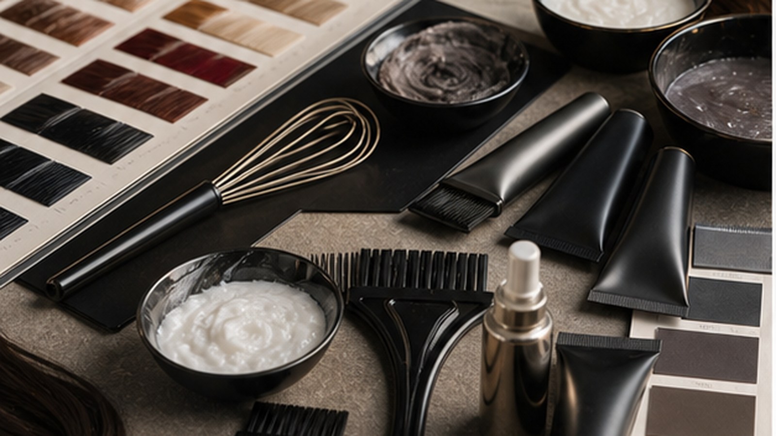 Hair color swatches and professional care tools arranged for consultation.
