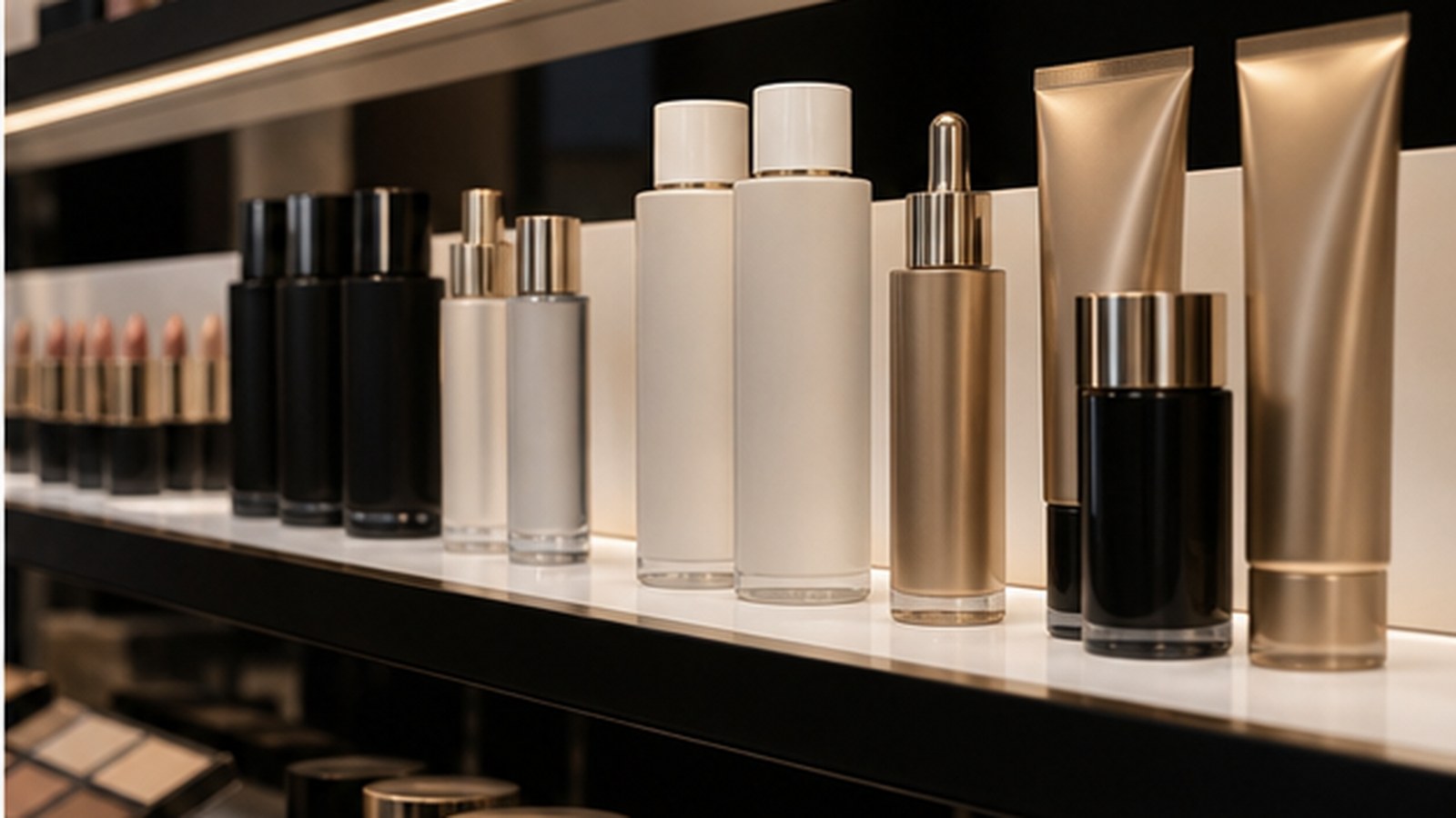 Beauty products arranged in clear category rows on a retail shelf.