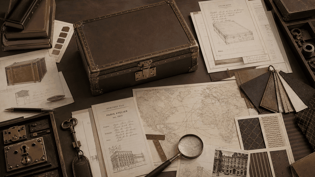 Premium editorial still-life of a Louis Vuitton travel-craft case with generic hard trunk, leather swatches, lock and key, route map, atelier notes, Paris heritage file, and abstract pattern cards