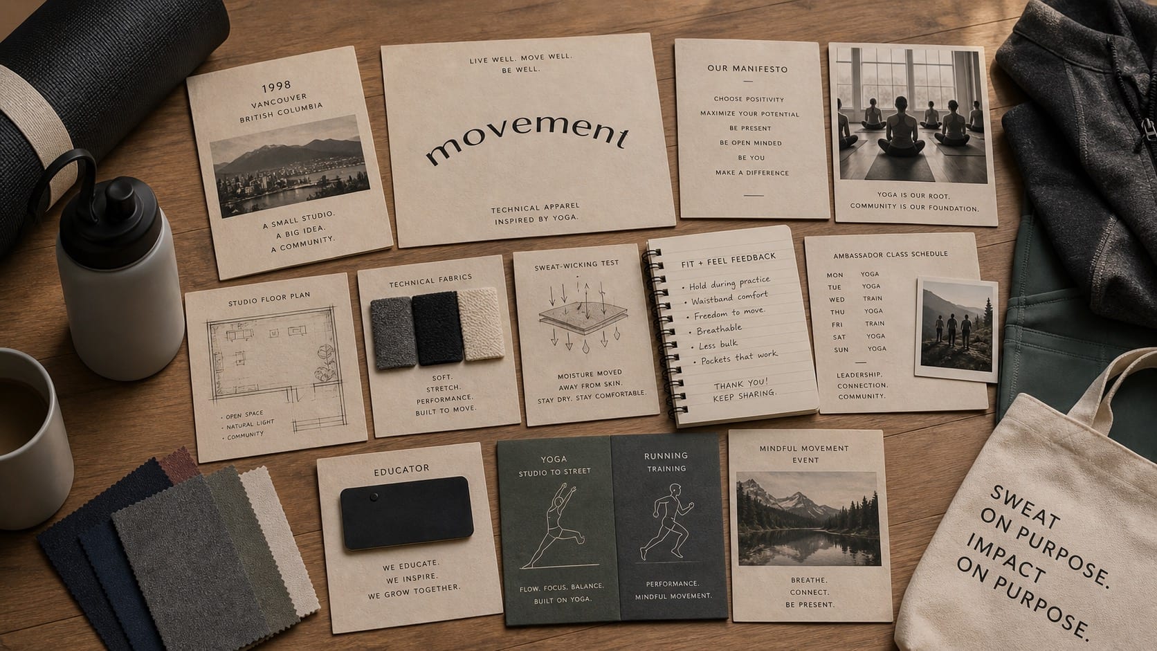 Premium editorial still-life of a lululemon technical yoga community case with curved wordmark card, 1998 Vancouver founding card, yoga studio floor plan, technical fabric swatches, sweat-wicking test card, fit feedback notebook, ambassador class schedule, educator name tag, training tiles, and mindfulness event card