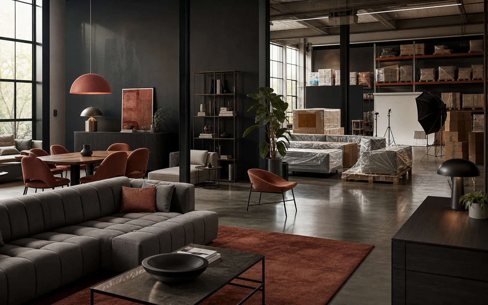 Contemporary furniture showroom and fulfillment studio paused with wrapped outbound pieces and a quiet photography area.