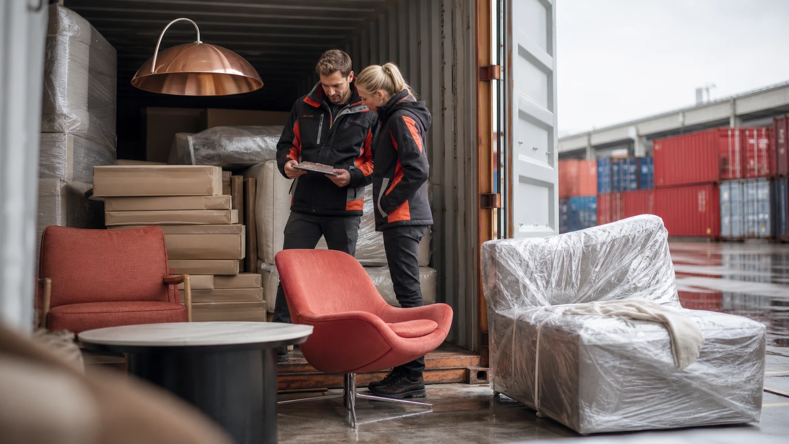 Furniture inspection at a container receiving dock with wrapped sofas, chairs, and lighting.