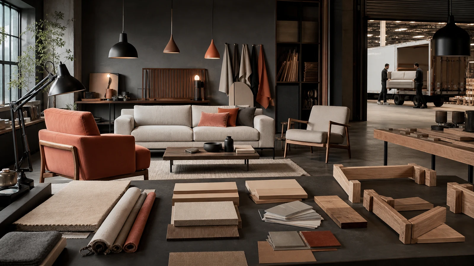Furniture design studio with full-size prototypes, material samples, lighting, and production handoff.