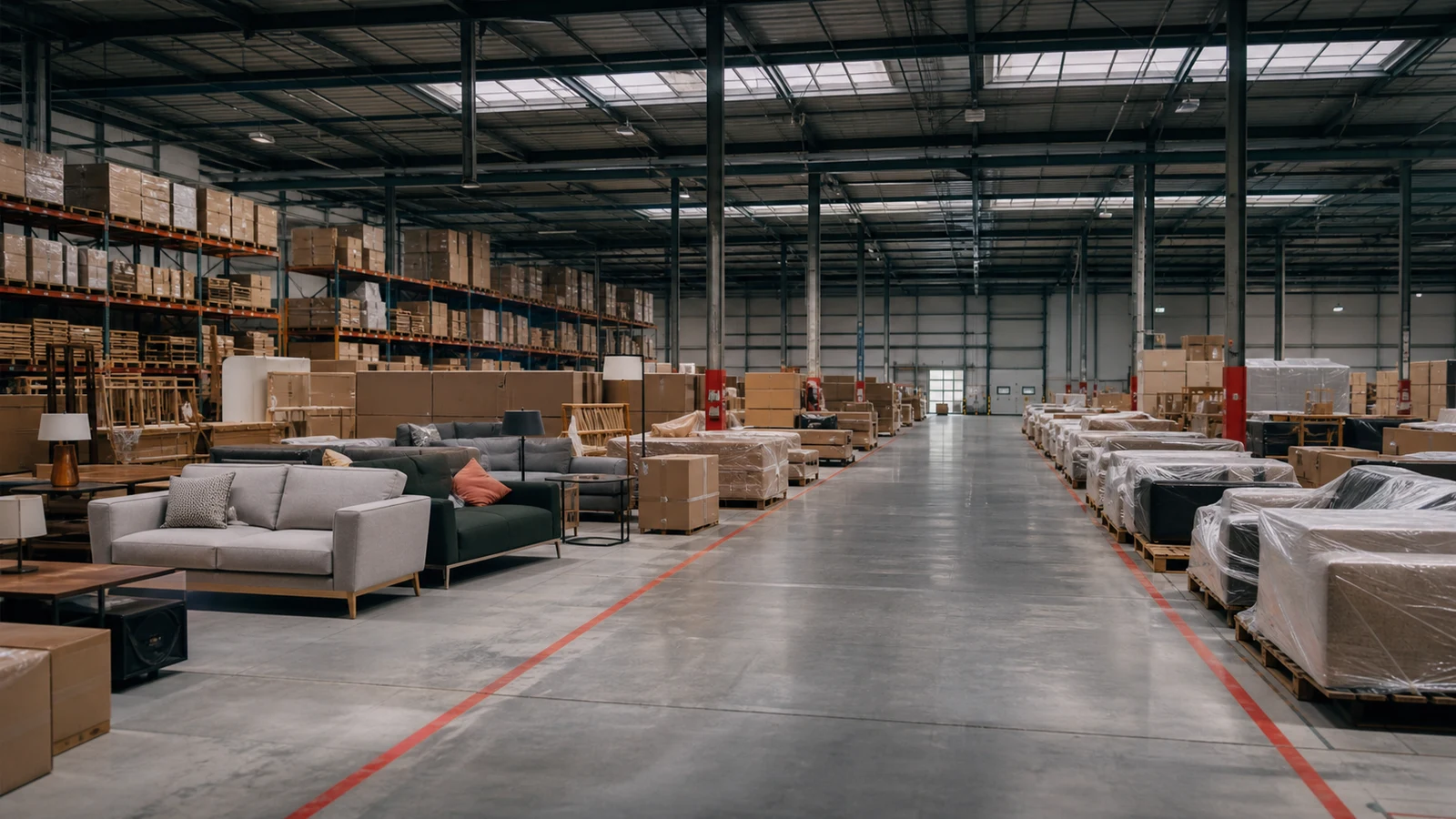 Furniture fulfillment warehouse with sofas, boxes, wrapped items, and an empty dispatch lane.
