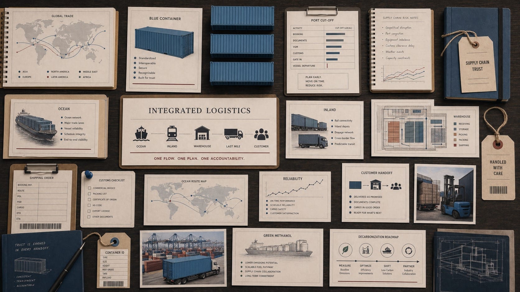 Premium editorial still-life of a Maersk logistics trust case board with plain blue container models, global trade route maps, port cut-off schedules, shipping order forms, customs checklist, inland transport diagrams, warehouse flow plans, reliability notes, green methanol cards, and supply-chain trust files