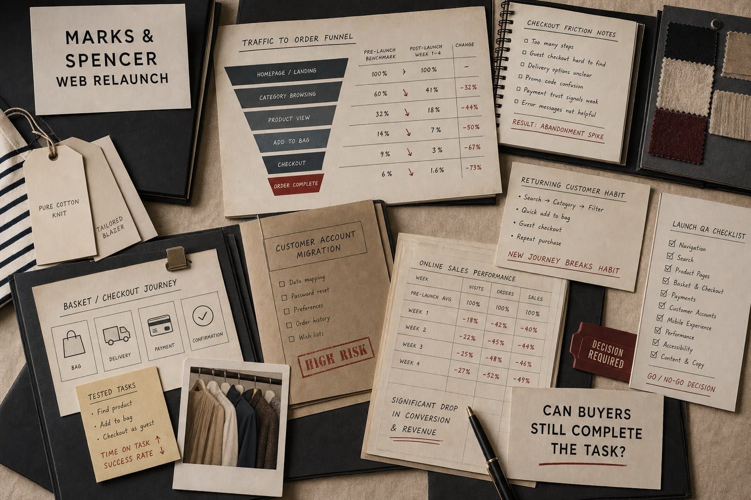 Premium editorial still-life of a Marks and Spencer website relaunch case with source-mark card, checkout cards, fashion retail tags, account migration folder, traffic-to-order funnel board, online sales drop ledger, and task-completion checklist