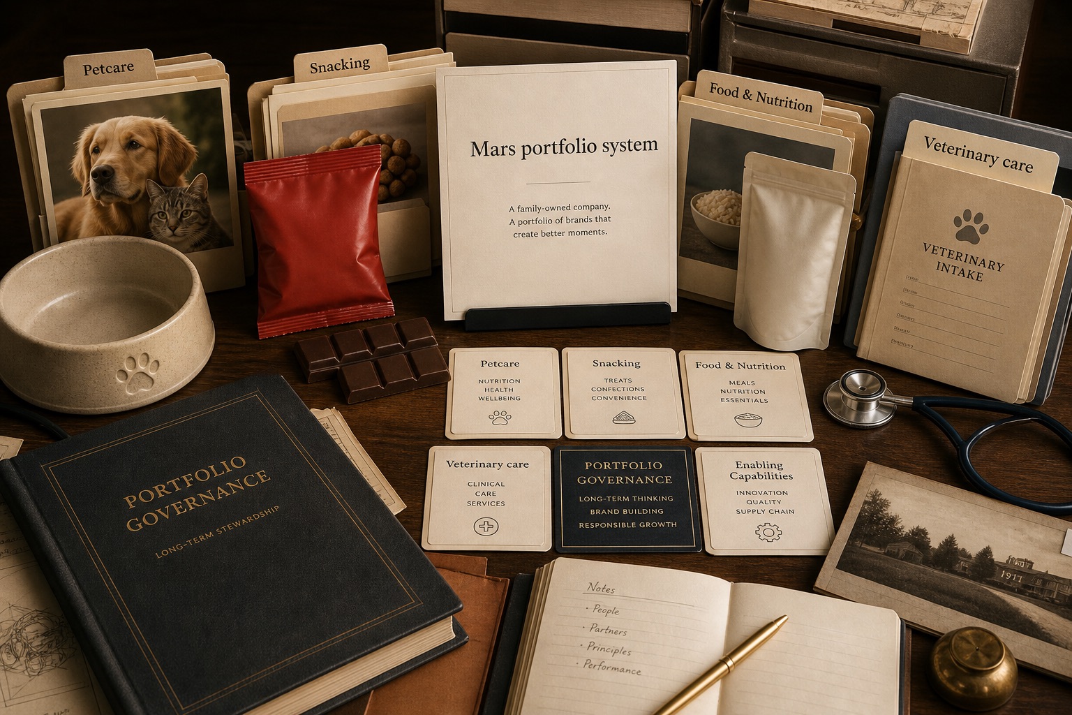 Premium editorial still-life for the Mars case with petcare, snacking, food and nutrition, veterinary care, portfolio governance, and Mars portfolio system files