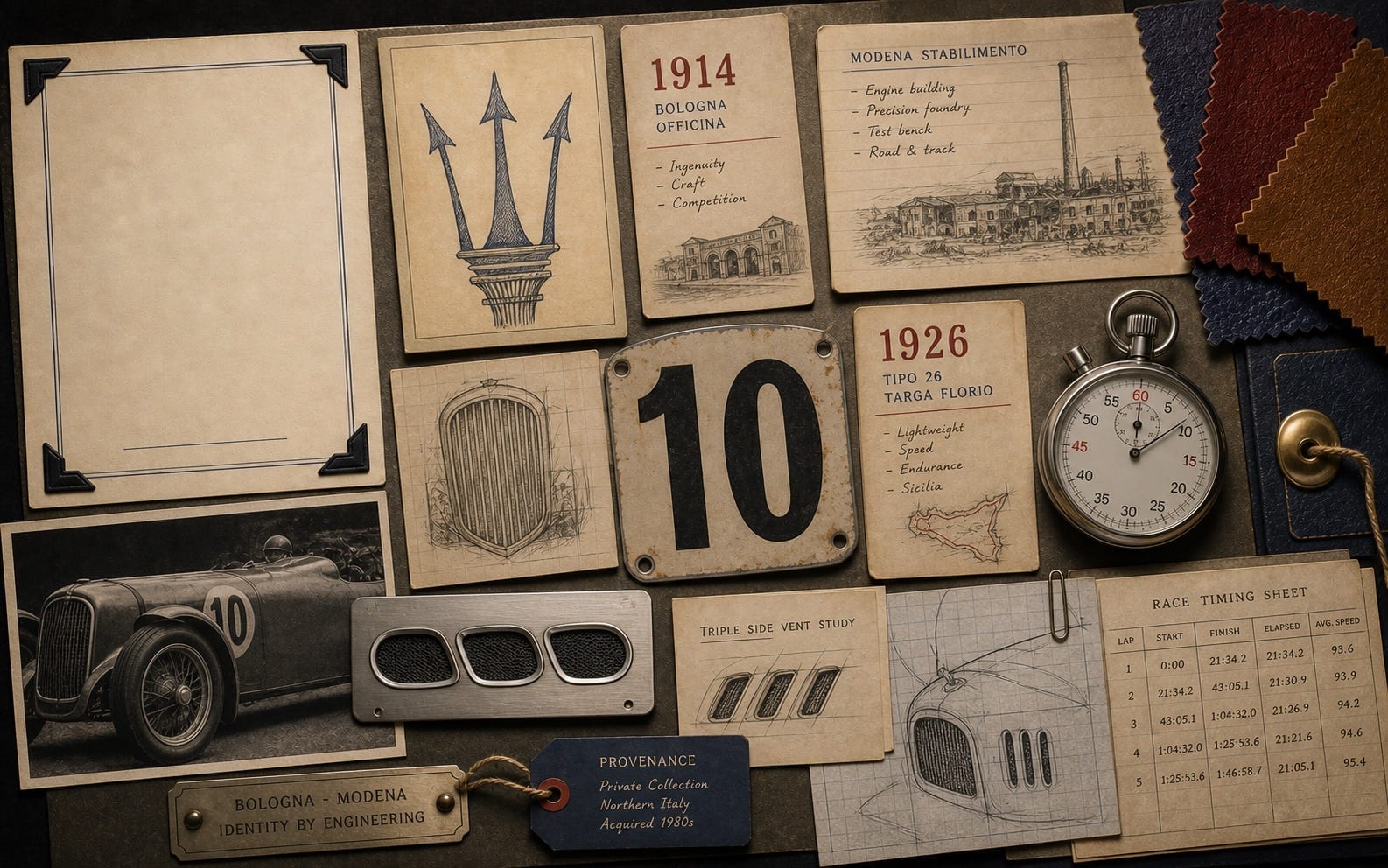 Premium editorial still-life of a Maserati Trident racing-origin case with trident study, 1914 Bologna workshop card, 1926 Tipo 26 Targa Florio card, Modena factory note, racing number tag, grille sketch, triple side vent study, stopwatch, and timing sheet